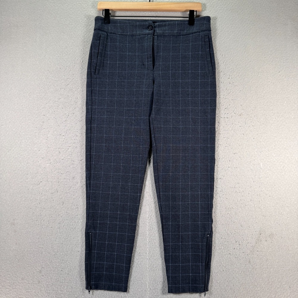 Betabrand Yoga Dress Pants Womens Medium Blue Windowpane Skinny Leg Ankle Zip